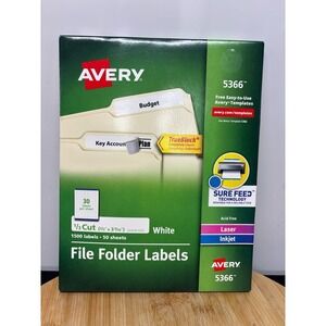 Avery Templates 5366 White File Folder Laser Inkjet Labels New Sealed 1500 Count